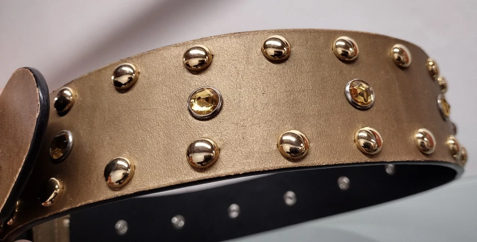 Leatherock Belt Studded Rhinestone Deadstock 1990s Rocker 32 M Bronze Gold - Image 4 of 4