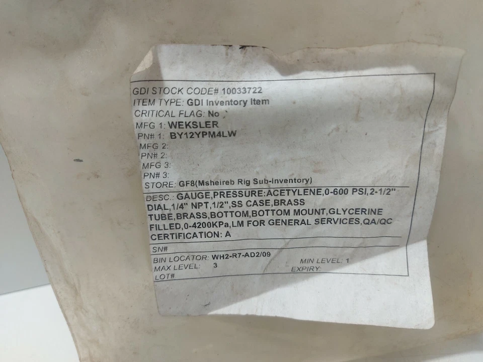 Weksler BY12YPM4LW Pressure Gauge 0-600 PSI, 1/4" NPT - Image 4 of 4