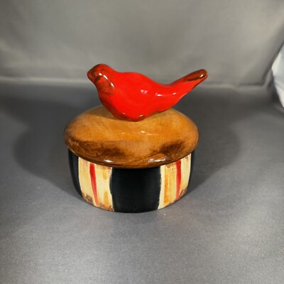 MultiColor Ceramic Trinket Jar w/ Red Cardinal Figurine on Lid Red Cardinal Box