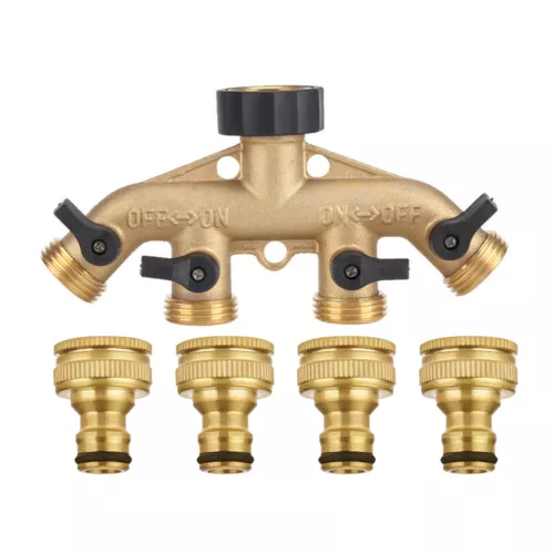 4 Way Solid Brass Hose Splitter Quick Connector Shut Off Valves, 3/4" Tap Outlet