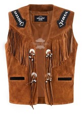 Men's Cowboy Western Style Native American Leather Vest Tan Suede Beaded Fringe
