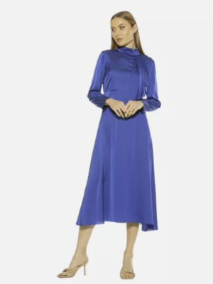 NWD Alexia Admor Women's Brooklyn Tie Mock Neck Satin Midi Blue Dress See  Descr | eBay