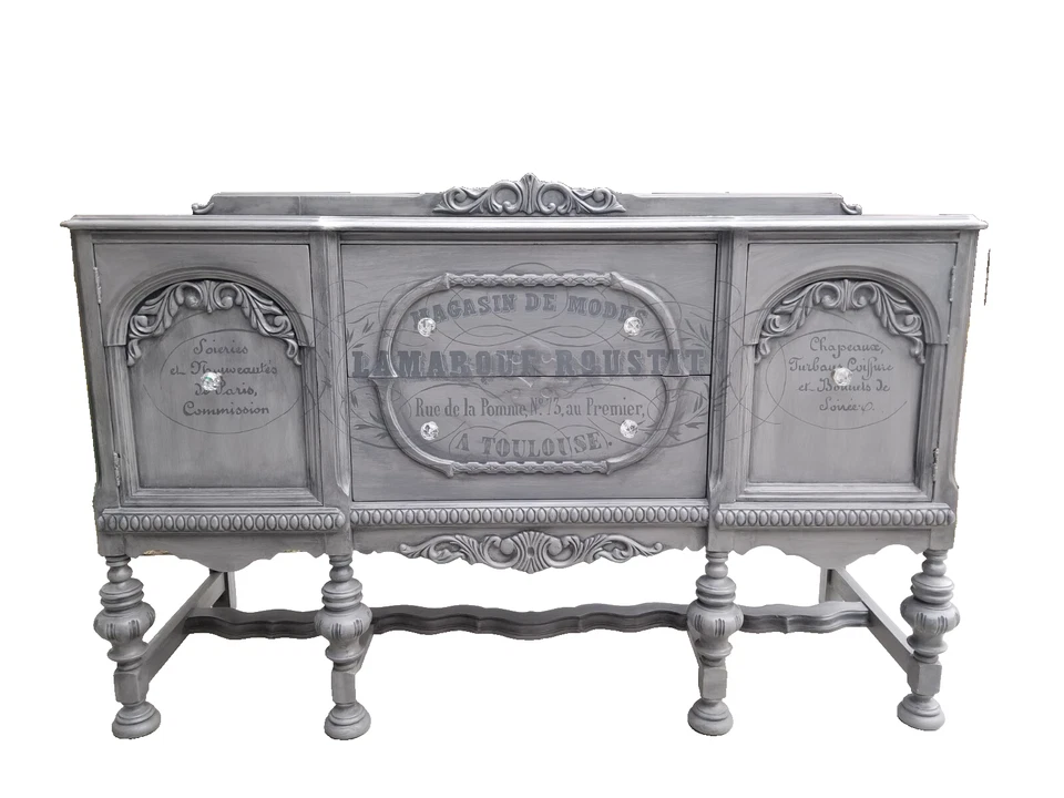 Precioso aparador buffet jacobeo gris años 30 con uva tipográfica pintada a mano Foto 2 de 4