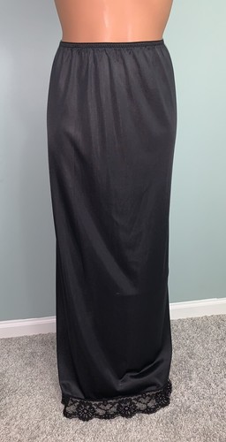 Vtg Shiny SoFt Nylon LONG floor length Half Slip Skirt M/L Lacy Slit Union - Picture 8 of 10