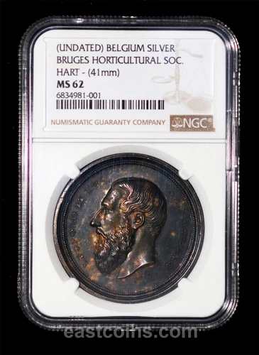 NGC MS62 Belgium "Bruges Horticultural Society" Medal, 41mm. By Hart.  Nicely to