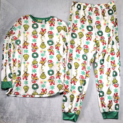The Grinch Dr Seuss Pajama Set Womens Large White Green Christmas ...