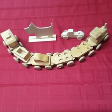 Wooden Train Set Toy 6 Piece 26 " Long Handmade Unpainted  Car  Dog Vintage