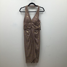 Adrianna Papell Evening Womens Bodycon Dress Beige Gold Midi Ruched Zip 10 New