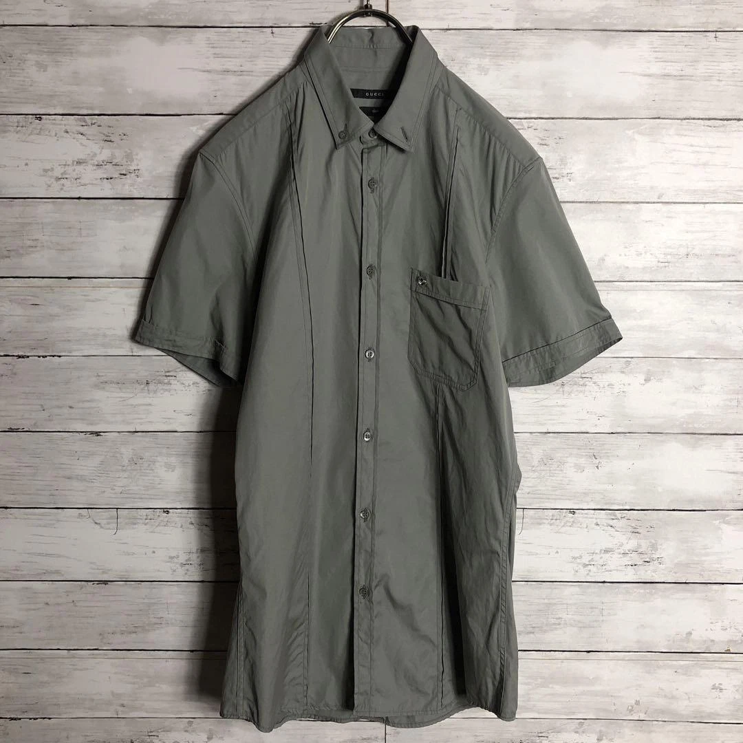 Chemise GUCCI Slim Robe GG Métal Fittings Manches Courtes Kaki Homme Taille S i6491