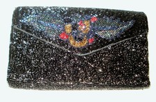 VINTAGE BLACK BEADED PURSE BAG FLOWERY DESIGN NR