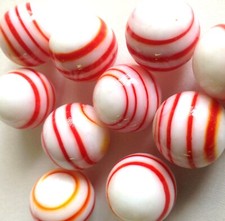 Glass Marbles 5/8" - 10 pcs Handmade White w/red yellow stripes