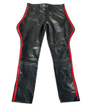Men’s Black Genuine Leather Breeches Pants with Red Stripes Riding Style