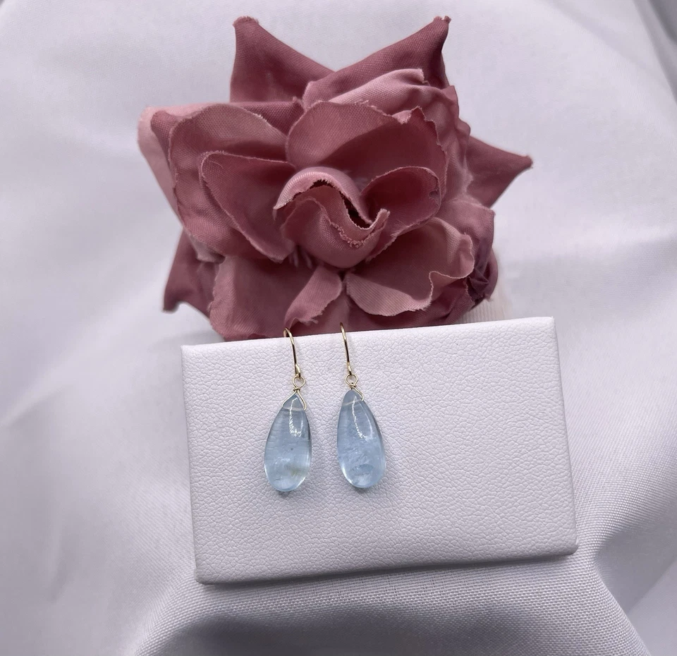 14K Solid Gold Aquamarine Earrings Natural Briolette RARE Blue FALL SPECIAL - Image 2 of 4