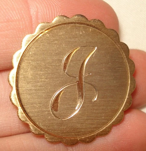 Vintage Gold Tone Engraved Initial Letter J Round Costume Jewelry Brooch Pin