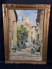 Tableau signé aquarelle début XXe paysage ruelle animée village de Provence