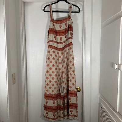 By Together Women's Jumpsuit Size L Beige Red Floral Print Boho Bohemian