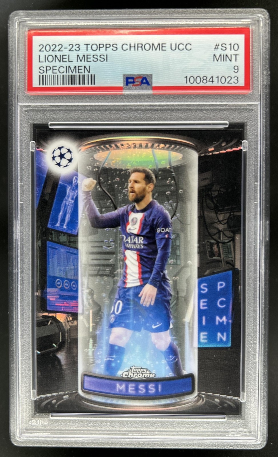 2022-23 Topps Chrome UEFA Lionel Messi Specimens #S-10 PSG PSA 9 view 1