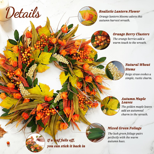 22 Inch Artificial Fall Wreath for Front Door 7445030475498| eBay
