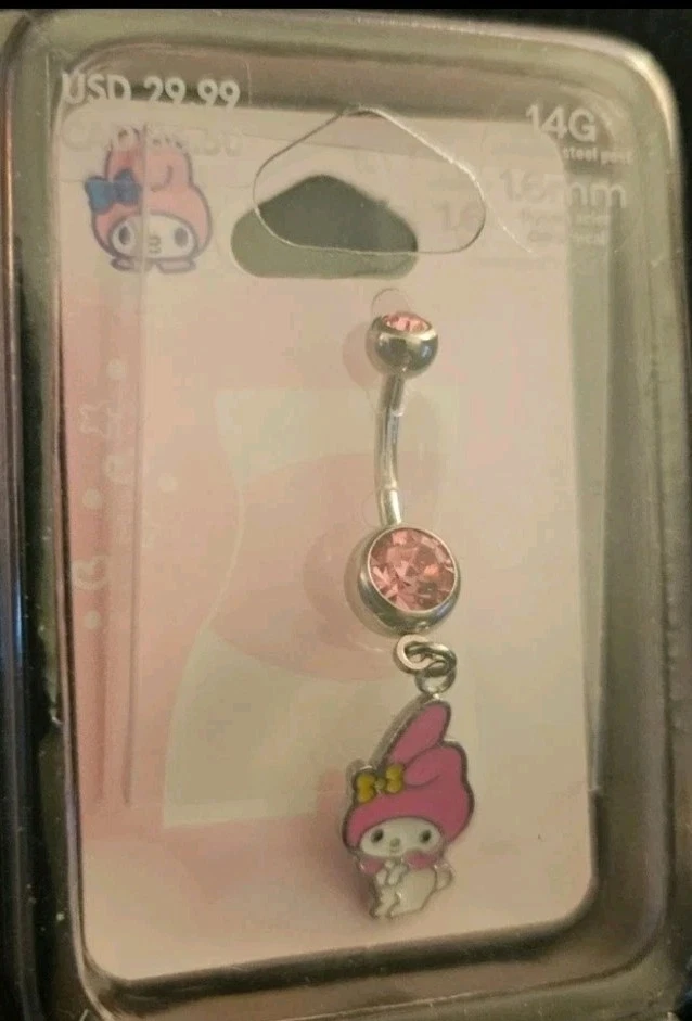 Brand New My Melody Silvertone Stainless Steel Pink Crystal Charm 14G Belly Bar - Image 2 of 3