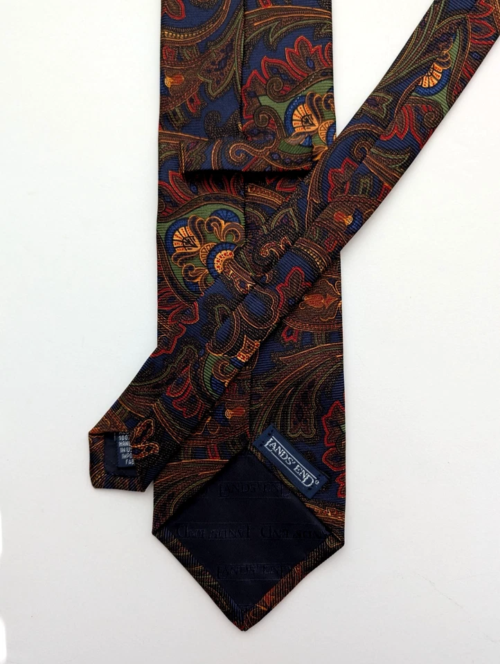 Corbata LANDS END para hombre 100 % seda EE. UU. cachemir azul marino/marrón/verde/dorado usada en excelente estado Foto 3 de 4