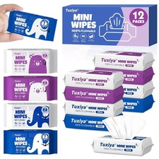 Flushable Adult Wet Wipes, Compact 12-Pack, Skin-Safe, Fragrance-Free, 84ct