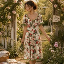 Women S Romantic Garden Fairy Ivory Red Strawberry Print LaceTrim MidiDress New