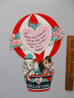 VTG VALENTINES DAY MECHANICAL CARD TWO DOGS IN HOT AIR BALLOON