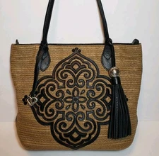 BRIGHTON CASABLANCA STARLA TOTE NATURAL RAFFIA  BLACK LEATHER MEDALLION TASSELED