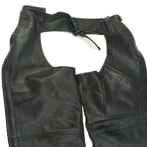 Leather King Motorcycle Chaps Black Leather Mens Large Pockets Heavy Supple - Picture 2 of 8