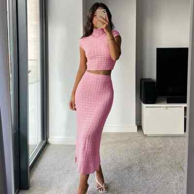 Completo Donna Maglia Gonna Top Set Outfit Gonna Ginocchio Rosa