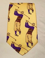 NWOT Robert Talbott Yellow Golfers Printed Men Repp Necktie Finest Silk Made USA