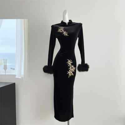knee length dresses for ladies Midi Sweater Dress with Removable Faux Fur Collar and Cuffs