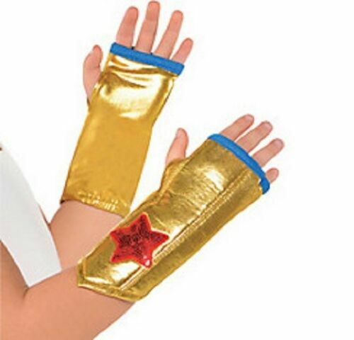 Wonder Woman Fingerless Gloves Arm Warmers Child One Size 1 Pair Gold Gauntlets - Picture 2 of 2