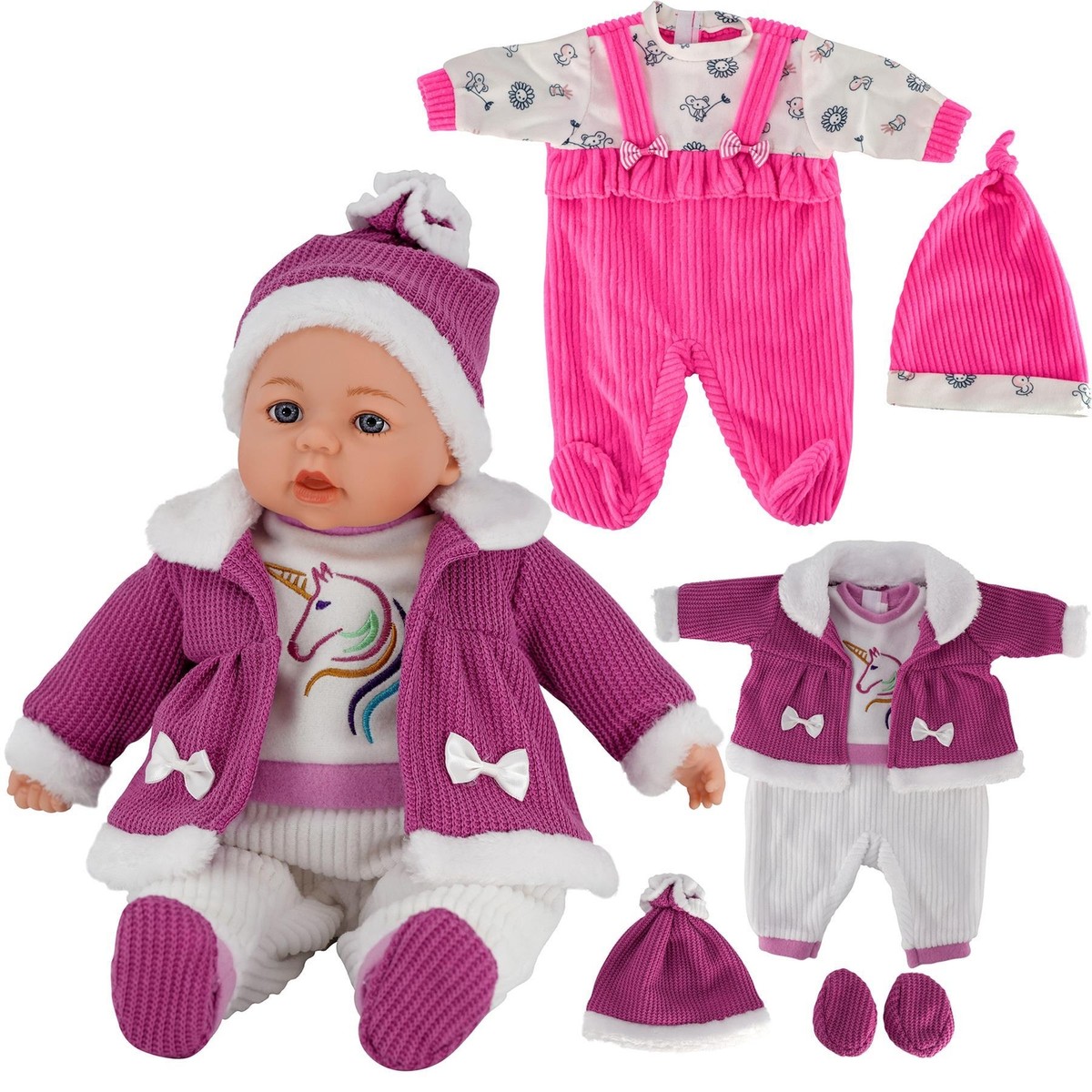 BiBi Doll Set of Two 18” Baby Doll Outfits, Boy & Girl, Dresses, Romper  Clothes