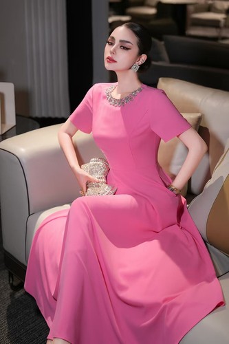 Luxury Summer Women's Round Neck Short Sleeve Fashion A-Line Evening Party Dress - Picture 18 of 26