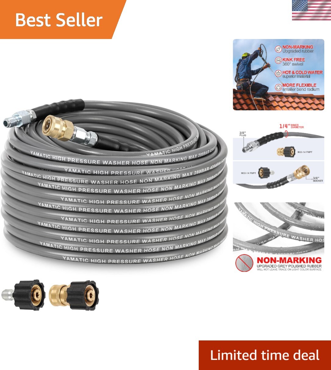 50FT Heavy-Duty Non-Mark Pressure Washer Hose for Hot & Cold Water Use