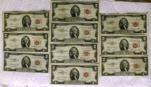 Lotto di (10) DIECI banconote da 2 dollari circolate 1953 sigillo rosso! Forma migliore!