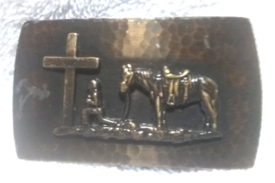 Montana Silversmiths Buckle Horse Cowboy Praying Cross Small Narrow Dark Color