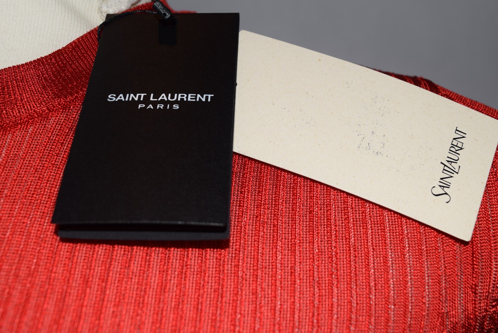 NUOVO! YSL Saint Laurent Cassandre crop top elasticizzato a costine taglia L ROSSO logo viscosa