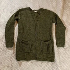 Forever 21 Womens Small Cardigan Sweater Green Open Front Pockets Thick Woolen
