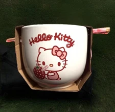 Hello Kitty Ceramic Bowl Sanrio Cute Strawberry Milk 16OZ White Chopsticks NWT