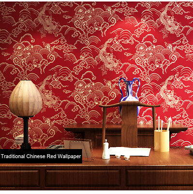 10M Traditional Dragon Cloud Chinese Red Waterproof Wallpaper Textured PVC  Roll