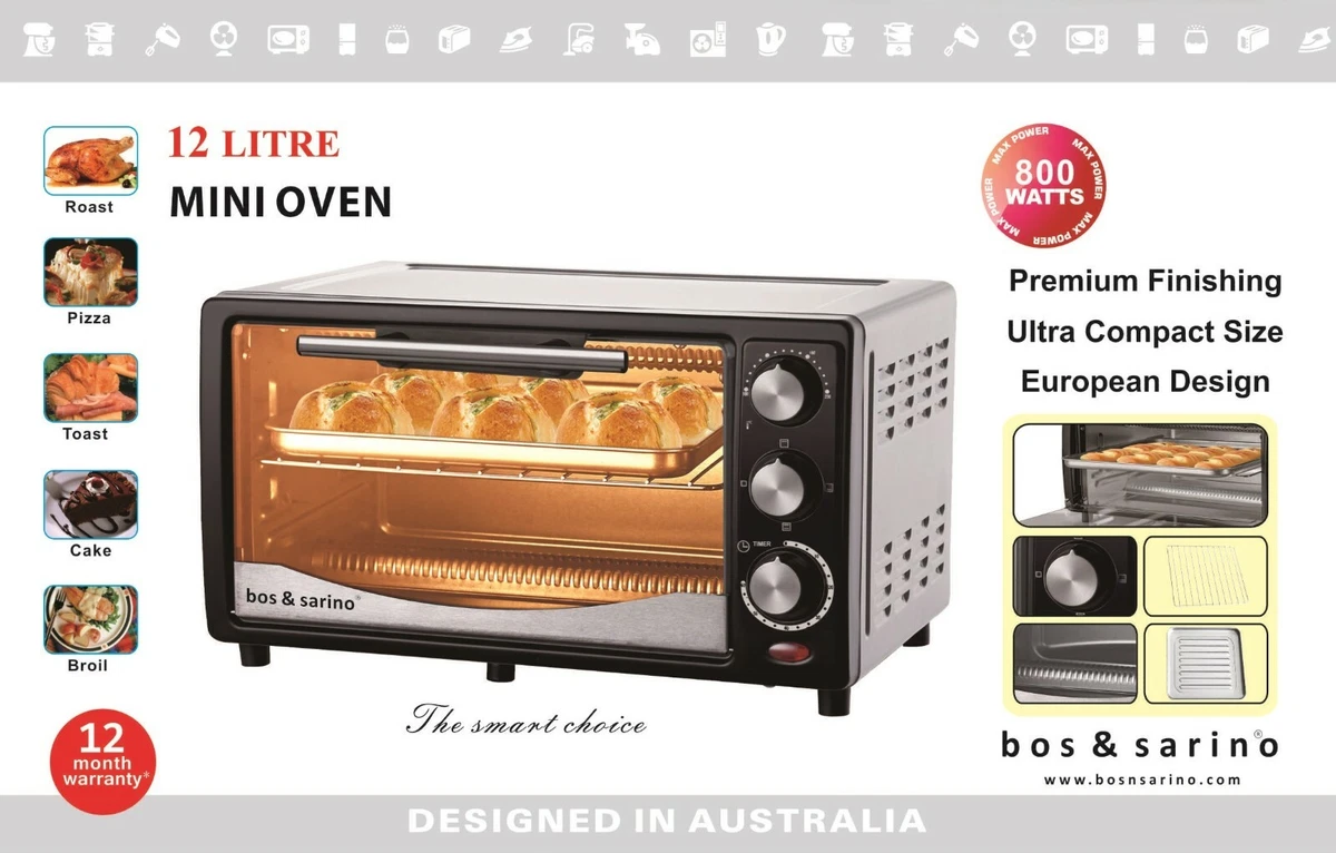 12L Toaster Oven Powerful 800W Bake Grill Broil Toast Timer Temp & Heat  Selector