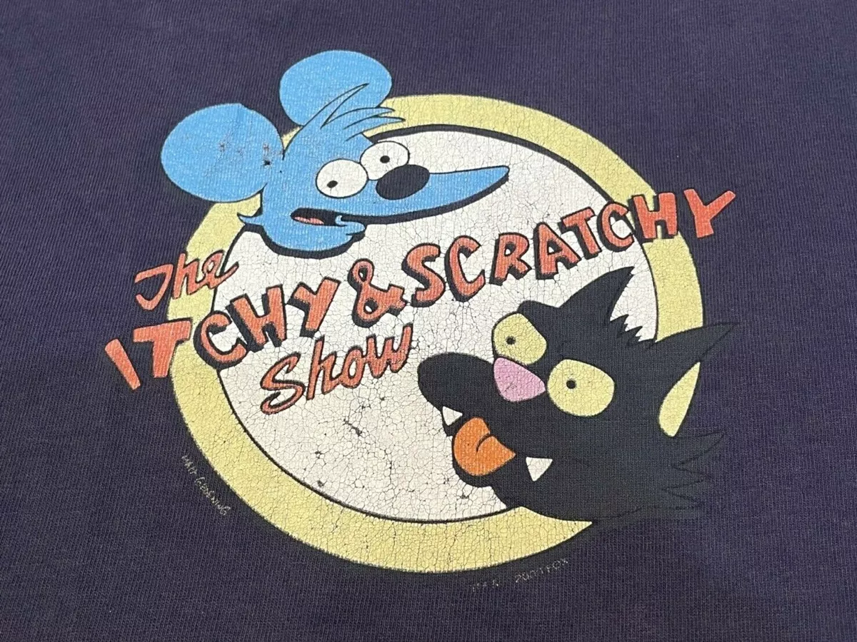 Vintage 2001 Itchy and Scratchy Cartoon Anime Blue Navy Shirt XL