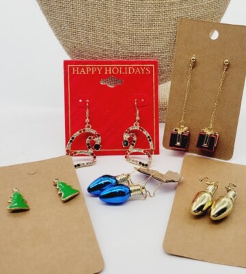Christmas Earrings Lot Set of 5 Pierced Gift Holiday Jewelry Dangle Drop #A1