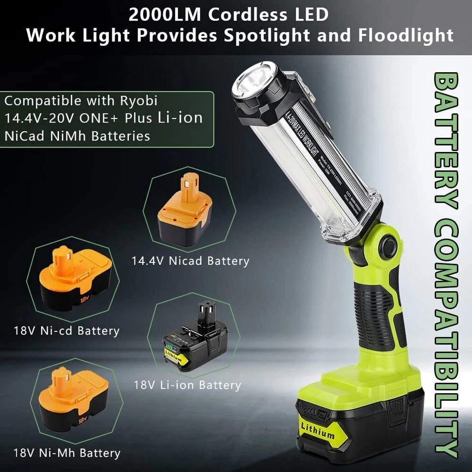 Luz de trabajo LED de mano inalámbrica para foco Ryobi 18V ONE+ batería 2000LM 35W Foto 4 de 4