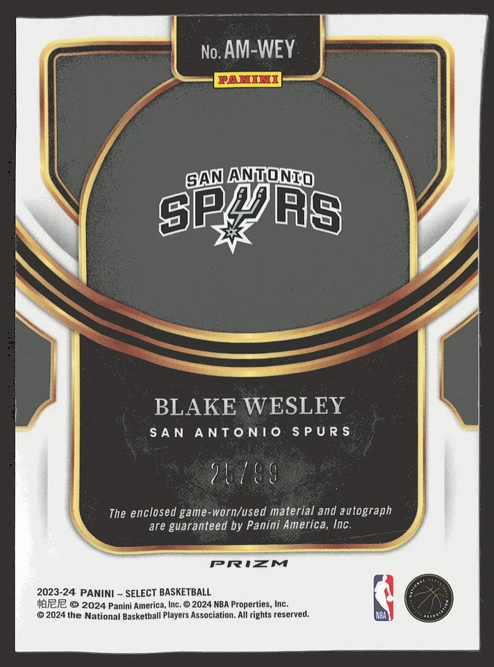 2023-24 Panini Select #AM-WEY Blake Wesley Purple Prizms /99 SN,MEM,AU - Image 2 of 2