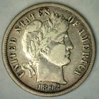 1892 Silver Barber Dime Circulated Very Fine 10c US Type Coin VF TEN-CENTS