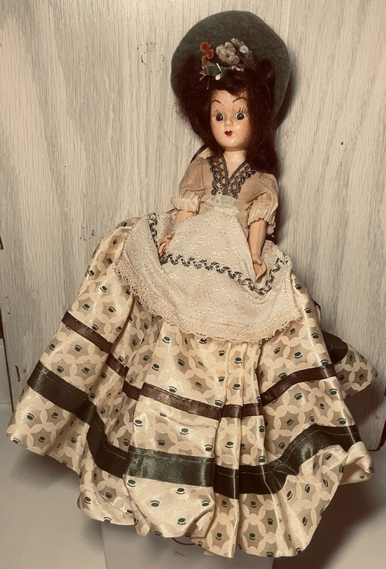 Vintage-Style Girl Fashion Doll, Brown Wavy Hair Blue Moving Eyeslids, Green Hat