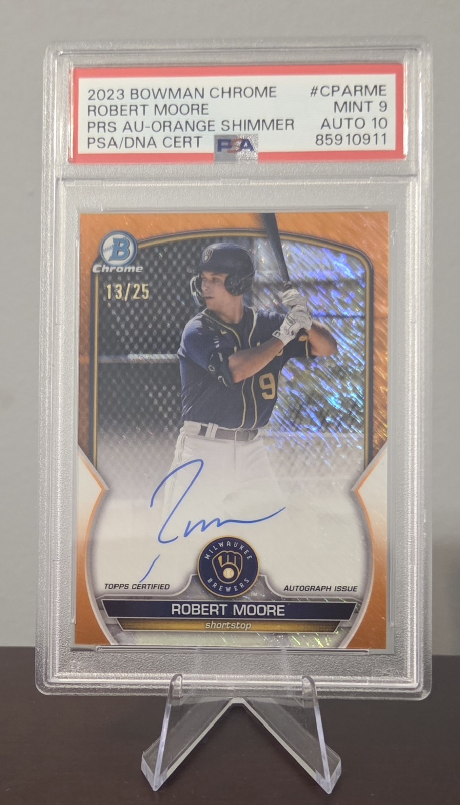 2023 Bowman Chrome Robert Moore Orange Refractor Auto #13/25 PSA 9 Phillies view 2